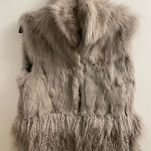 Rabbit and fox fur vest grey/cream size small